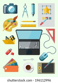 Graphic designer studio tools workplace icons set isolated vector illustration