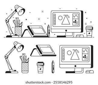 Graphic designer stuff and icons with digital illustrator or artist workspace with tools and equipment in line art. Digital drawing elements banner.
