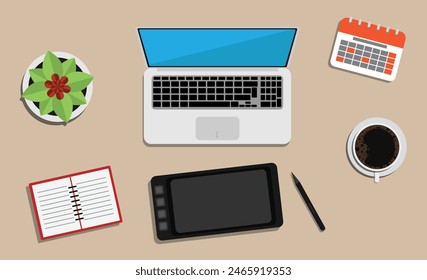 Graphic Designer Table with Laptop and Drawing Tools. Art and profession concept vector art