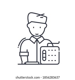 Graphic designer with tablet icon, linear isolated illustration, thin line vector, web design sign, outline concept symbol with editable stroke on white background.