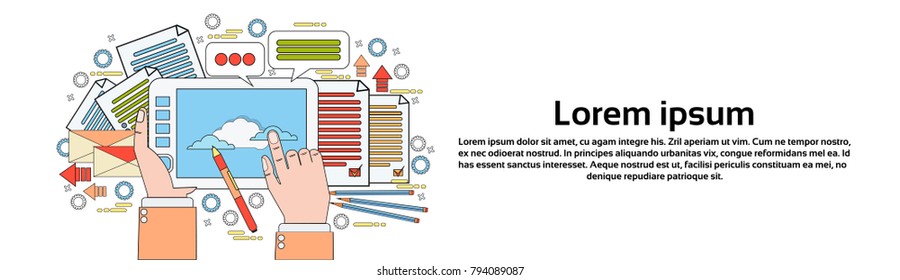 Graphic Designer Tool On Workplace Hands Holding Digital Tablet Drawing With Pen Creative Process Thin Line Vector Illustration