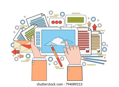 Graphic Designer Tool On Workplace Hands Holding Digital Tablet Drawing With Pen Creative Process Thin Line Vector Illustration