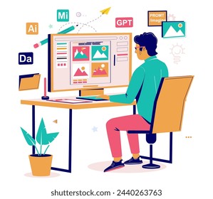 Graphic designer using AI technology for work vector illustration. Young guy sitting at desktop computer creating art image with help of artificial intelligence