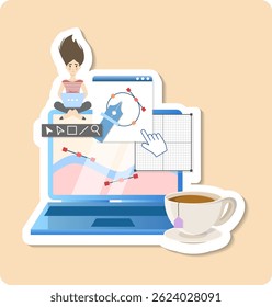 Graphic designer is using graphic design software on a laptop to create a design