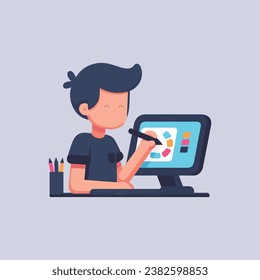 Graphic designer using stylus pen to draw on touch screen computer in workspace vector faceless illustration education concept