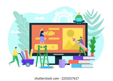 Diseñador gráfico, ilustración vectorial. Diseño creativo en concepto de tecnología de pantalla de computadora, negocio digital plano. Personaje de la mujer