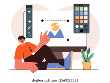 Graphic Designer Vector Illustration Featuring Creativity and Business with Design Software for Creating Cartoon and Animation Products in Background