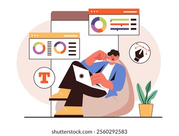 Graphic Designer Vector Illustration Featuring Creativity and Business with Design Software for Creating Cartoon and Animation Products in Background