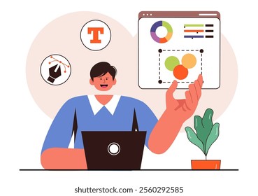 Graphic Designer Vector Illustration Featuring Creativity and Business with Design Software for Creating Cartoon and Animation Products in Background