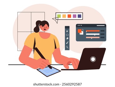 Graphic Designer Vector Illustration Featuring Creativity and Business with Design Software for Creating Cartoon and Animation Products in Background