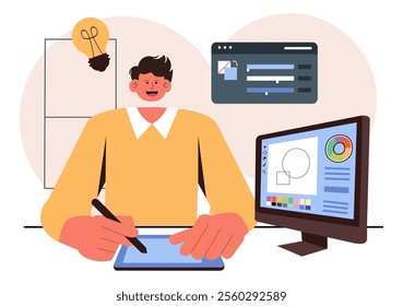 Graphic Designer Vector Illustration Featuring Creativity and Business with Design Software for Creating Cartoon and Animation Products in Background