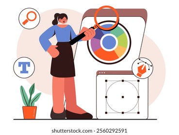 Graphic Designer Vector Illustration Featuring Creativity and Business with Design Software for Creating Cartoon and Animation Products in Background