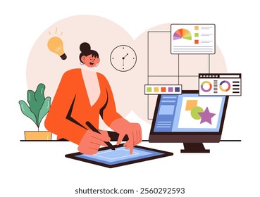 Graphic Designer Vector Illustration Featuring Creativity and Business with Design Software for Creating Cartoon and Animation Products in Background