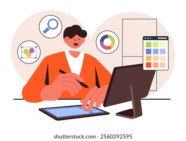 Graphic Designer Vector Illustration Featuring Creativity and Business with Design Software for Creating Cartoon and Animation Products in Background