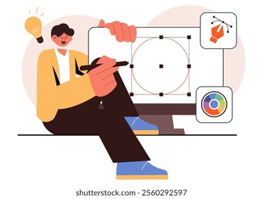 Graphic Designer Vector Illustration Featuring Creativity and Business with Design Software for Creating Cartoon and Animation Products in Background