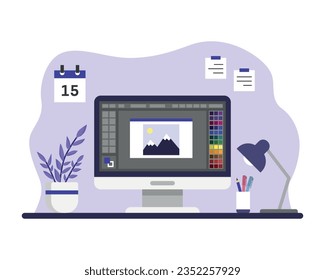 Graphic designer vector illustration. Software on isolated background. Workspace sign concept.
