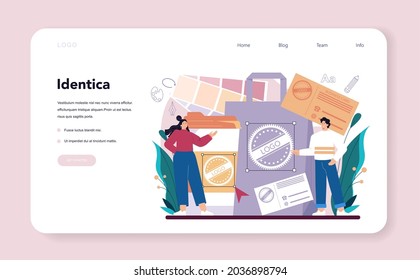 Graphic designer web banner or landing page. Digital artist creating brand design, business identica and advert with electronic equipment. Web banner development. Flat illustration vector