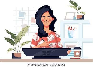 graphic designer woman working at the desk vector illustration