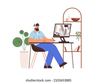 Graphic designer work at desk with computer and tablet. Digital design artist drawing with stylus. Creator at workplace. Flat vector illustration of man illustrator isolated on white background