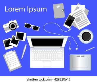 Graphic designer work desk flat vector illustration, graphic desk image with notebook, smartphone,earphones, planner, photo camera and instant photos, graphic tablet and to-do list with text place