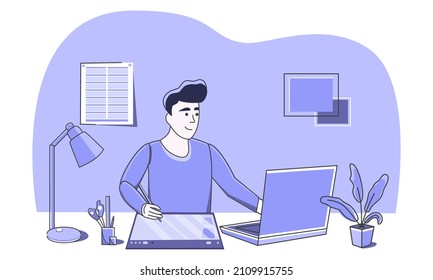 A graphic designer at work. A guy draws on a graphics tablet. Freelance. Job. Hobbies. Studying the course. Web-design. Vector. The fashionable color purple. Trend. Cartoon.