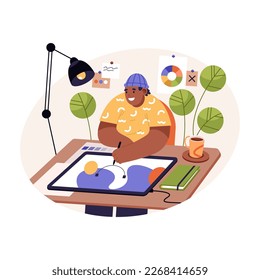 Graphic designer at work with his tablet. Vector illustration.