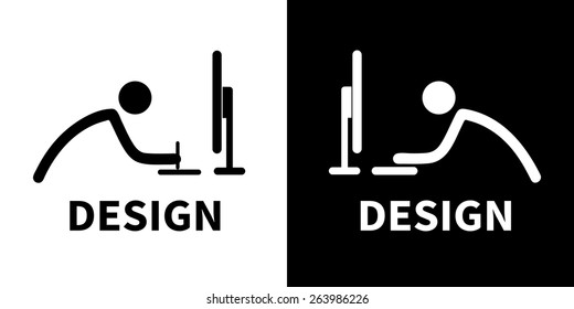 Graphic designer at work icons set in black and white colors. Vector