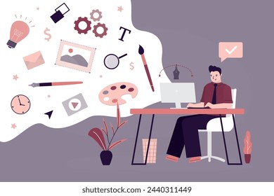 Graphic designer work at modern workspace. Digital artist drawing graphic design. Creator at workplace. Freelancer at work. Creative man illustrator with tools, icons and signs. vector illustration