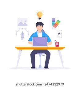 Graphic designer work on desk vector illustration.