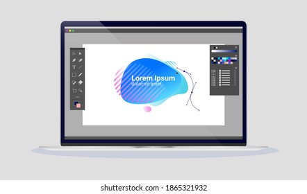 Graphic designer work on laptop computer - Screen with unbranded design software and user interface.  Design profession concept.