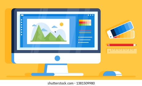 Graphic designer work place. Computer screen with illustrator program open window. Workspace with artboard, color palette, ruler, pencil. Digital art and drawing