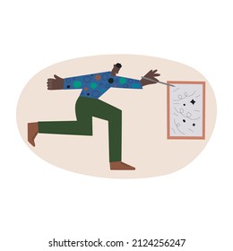 Grafikdesigner bei der Arbeit. Erfolgreiche Designer-Illustration am Tablet. Kreativer Mann am Arbeitsplatz. Flache Vektorgrafik einzeln auf weißem Hintergrund