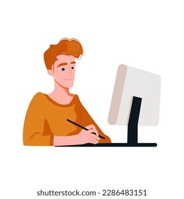 Ein Grafikdesigner bei der Arbeit. Der junge Webentwickler arbeitet an einem Projekt. Arbeiten Sie mit einem Grafiktablett an seinem Computer. Cartoon, flach, Zeichnung, Vektorgrafik. Weißer Hintergrund.