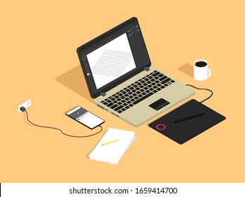 Graphic designer working desk with a laptop, charhing phone, papers and pencil,drawing pad, and a cup of coffee