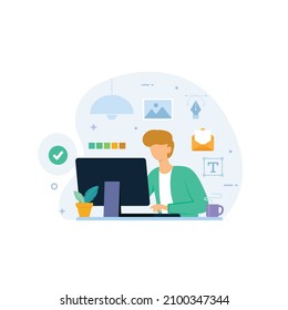 Concepteur graphique travaillant sur la conception d'applications sur des ordinateurs illustration vectorielle