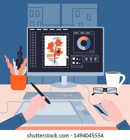 Graphic designer working on the computer. Picture on the device screen. Digital illustration. Creativity concept. Flat illustration vector