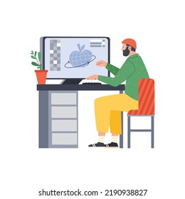 Graphic designer working on computer, modeling 3D model - flat vector illustration isolated on white background. Freelancer sits at the desk and works. Man at his workplace in office or at home.