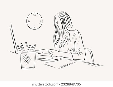 graphic designer working on a computer line art illustration