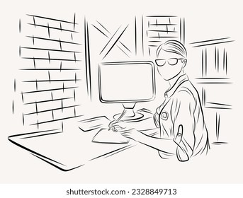 graphic designer working on a computer line art illustration
