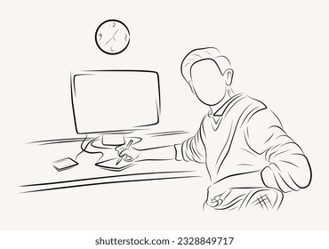 graphic designer working on a computer line art illustration
