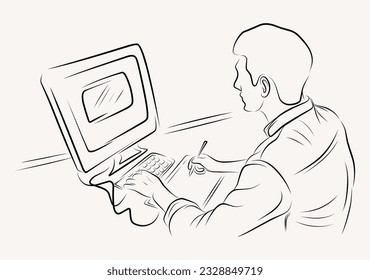 graphic designer working on a computer line art illustration