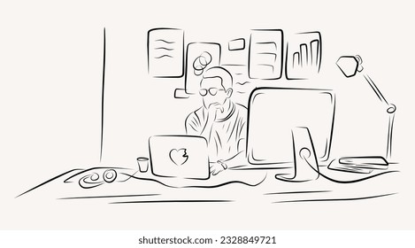 graphic designer working on a computer line art illustration
