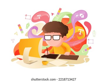 Graphic Designer Working On Desk Illustration with Colorful Creative Background