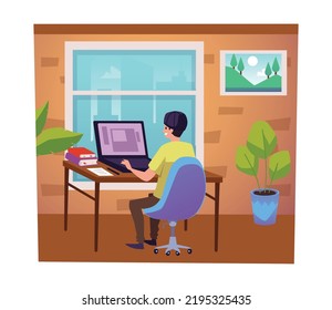 Graphic designer working on laptop at home, freelance or home office - flat vector illustration. Workspace for creative people. Man working from home.