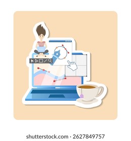 Graphic designer working on laptop using graphic design software with a cup of tea