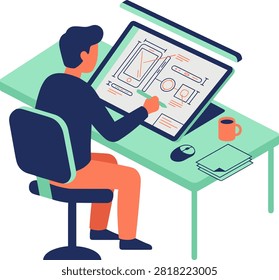 Graphic designer working on user interface on digital tablet. Isometric vector art of a designer at a teal desk using a stylus for app wireframes. Features vibrant orange and navy tones. Ideal for tech blogs or app development sites.