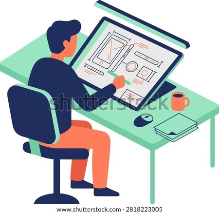 Graphic designer working on user interface on digital tablet. Isometric vector art of a designer at a teal desk using a stylus for app wireframes. Features vibrant orange and navy tones. Ideal for tech blogs or app development sites.