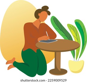 Graphic designer working at a table with a tablet. Digital design artist drawing on whiteboard. Creator while working from home. Flat vector illustration of human illustrator on isolated background wi