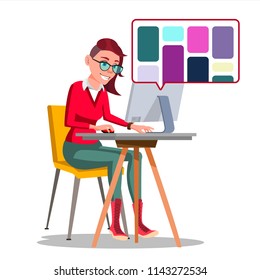 Graphic Designer Working Vector. Woman Searching For References On Popular Creative Web Site. Freelance Concept. Isolated Illustration
