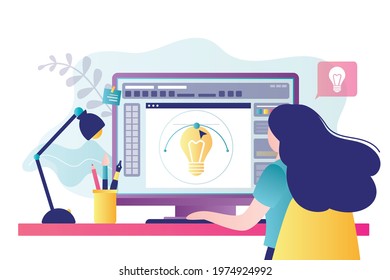 Graphic designer in workplace  Beauty freelancer woman sitting at workspace  Digital artist create artwork task  Software for paint display  Painter drawing pc computer  Vector illustration